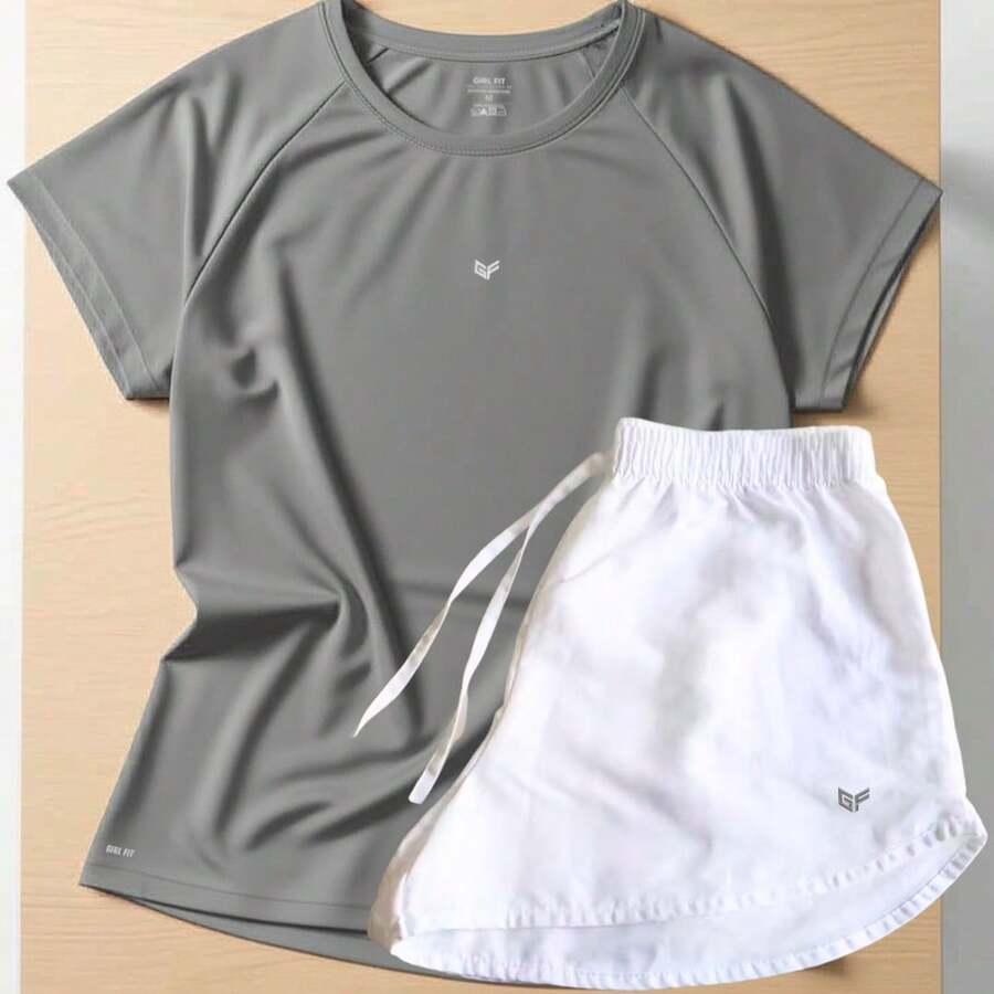 Women's Gym Set: DRY FIT T-Shirt + TACTEL Shorts, Perfect Workout Top, Premium Fabric - 灰色和白色 Tactel 短褲 - 查看 1