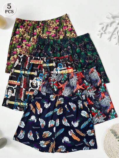 KAMULANG 5件套加大码宽松抽绳短裤，雨林动物印花图案，轻盈透气弹力腰带休闲睡裤短裤，多色可选（如需更合身，请选择小一码）