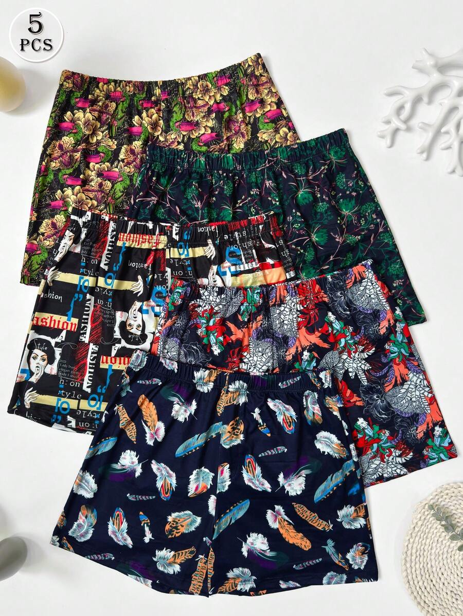 KAMULANG 5pcs/Set Men's Loose Airy Printed Boxer Briefs, Rainforest Animal Pattern, Lightweight Breathable Elastic Waist Shorts, Casual Sleepwear, Multi-Color (Please Order One Size Down For A Snug Fit)
