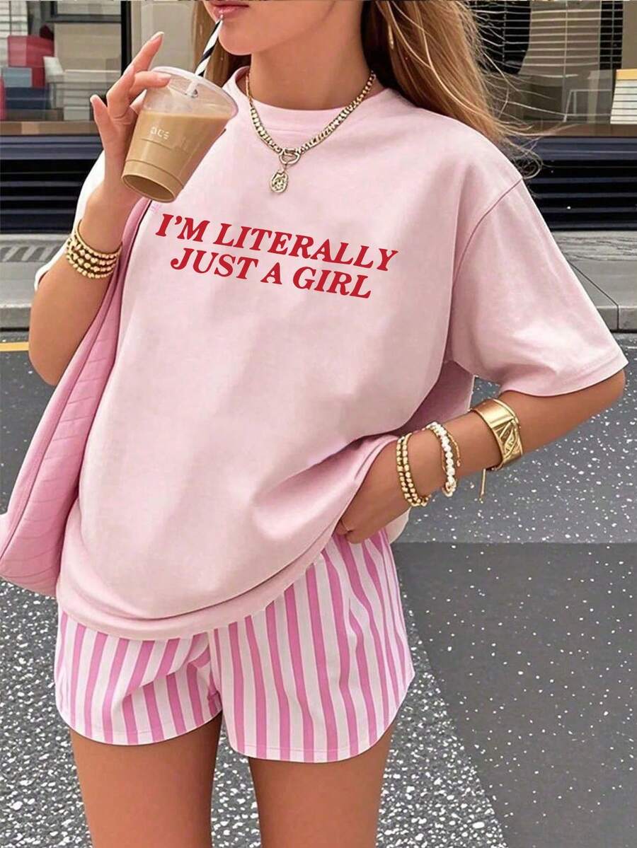 1 Pack Girls Casual Printed Crew Neck Short Sleeve T-Shirt Summer Student Youth Clothing - 粉色 - 查看 1