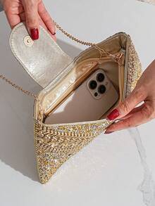 Túi cầm tay đính nơ đính đá sang trọng, túi dạ hội lấp lánh cho tiệc trang trọng và dạ tiệc - Vàng - Xem 9
