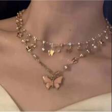 Elegant Pink Butterfly Tassel Necklace - Vintage Style, Diamond-Encrusted Alloy Clavicle Necklace For Women | Perfect Gift For Valentine's Day Or Everyday Decor