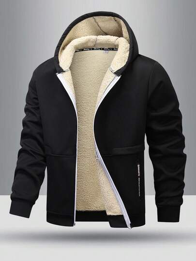 Teen Boys' Winter Versatile Minimalist Ribbed Cuff & Hem Design Zipper Pocket Fleece Lined Hooded Sweatshirt Jacket