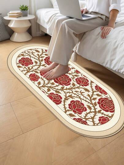 1pc Oval Floral Carpet, Decorative Rug For Bedroom, Small Rug, Carpet, Home Decor, Living Room Rug, Bedroom Rug, Living Room Home Decor, Outdoor Rug, Washable Plush Carpet, Thick Carpet, Fuzzy Carpet, Autumn/Winter Rug
