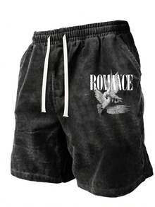 290g Washed, Romantic Pigeon Print Shorts, High-Quality Batik Cotton Men's Shorts, Suitable For Daily Wear, Adjustable Drawstring Waist Circumference, Elastic Waistband And Pocket, Holiday Gift - 黑色 - 查看 1