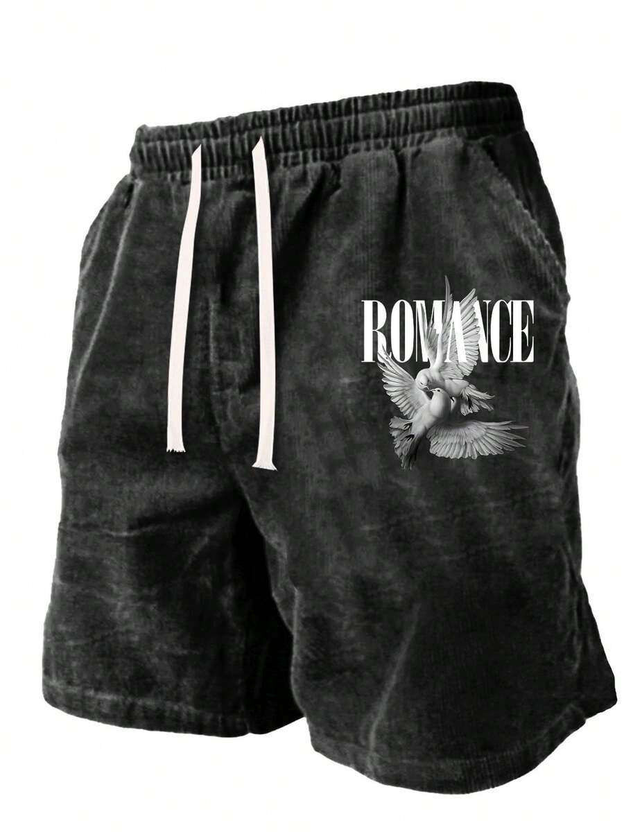 290g Washed, Romantic Pigeon Print Shorts, High-Quality Batik Cotton Men's Shorts, Suitable For Daily Wear, Adjustable Drawstring Waist Circumference, Elastic Waistband And Pocket, Holiday Gift - 黑色 - 查看 1