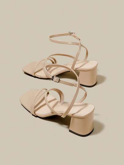 女式杏色高跟凉鞋，交叉露趾系带粗跟凉鞋，夏季鞋