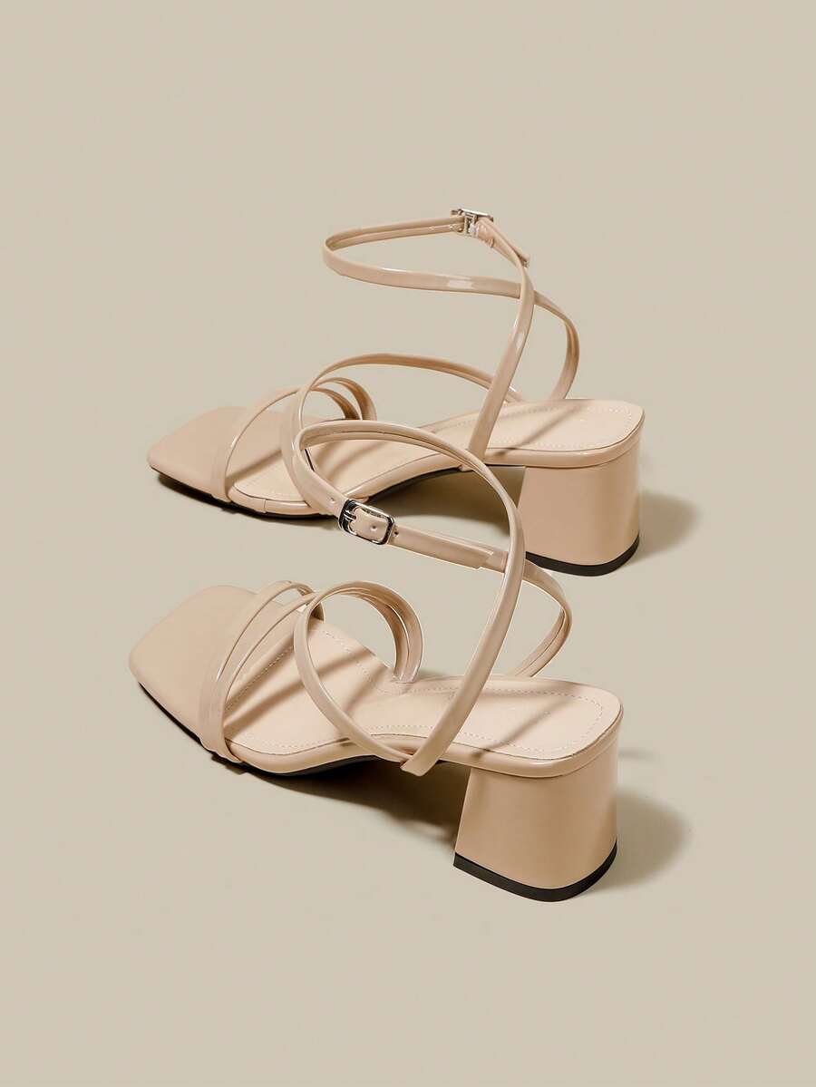 女式杏色高跟凉鞋，交叉露趾系带粗跟凉鞋，夏季鞋 - 杏色 - 查看 1