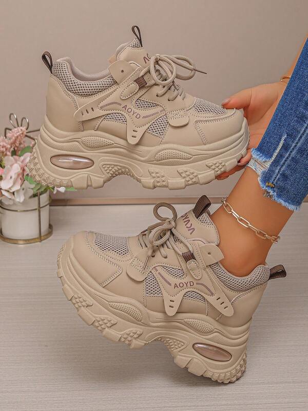 2025 New Petite Women's Platform Sneakers, White Lace-Up Casual Athletic Shoes, Thick Sole Wedge Heels, Versatile