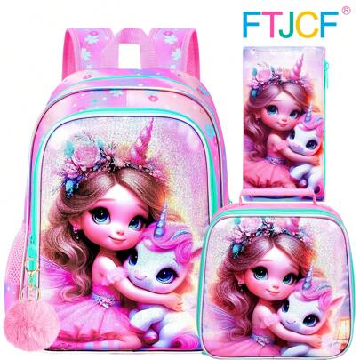 3PCS Unicorn Backpack For Girls, 16"Kids Bookbag With Lunch Box, School Bag For Elementary Preschool Toddler