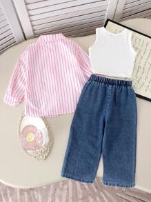 Set de 3 piezas de ropa para niñas pequeñas, con blusa perlada elegante, chaleco bordado con lazo y pantalones de mezclilla, para primavera/otoño - Púrpura malva - Ver 2