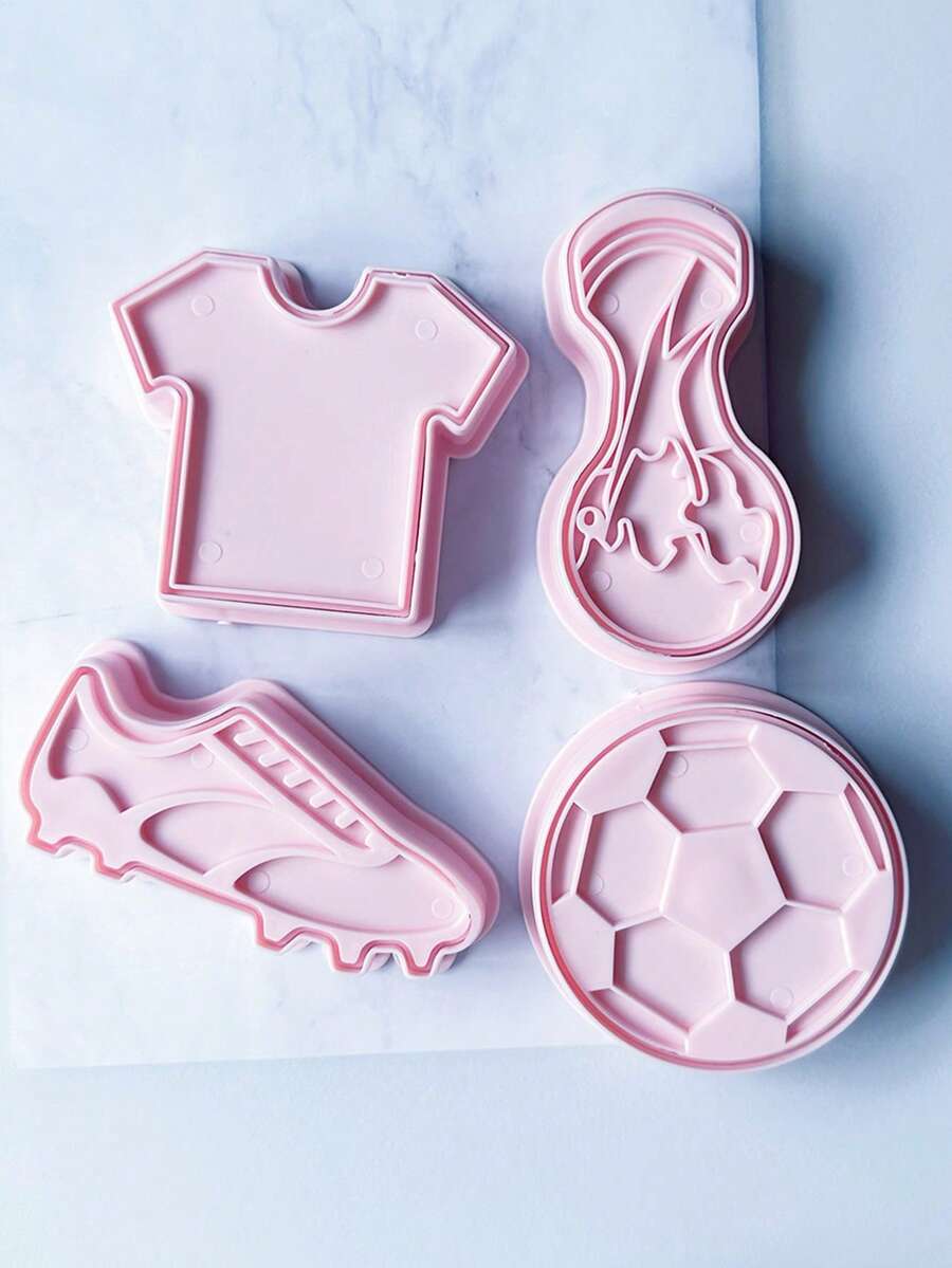 4 件塑料足球系列饼干模具 - 足球、鞋子、球衣、世界杯饼干模具、饼干模具、翻糖压制工具、家庭 DIY 糖霜饼干烘焙工具 - 淺粉色 - 查看 1