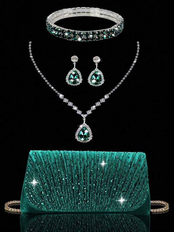 Torebka wieczorowa z klapką i błyszczącymi kryształkami, elegancka i modna plisowana kopertówka na studniówkę, z błyszczącym, trzyczęściowym zestawem biżuterii z kryształkami, naszyjnikiem z kryształkami, kolczykami, bransoletką, odpowiednia na imprezy, kolacje, spotkania, tańce, wesela.