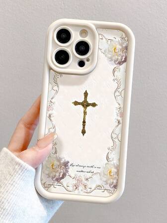 1pc Cross & Flower Printed Shock-Proof & Drop-Proof Full Coverage Thick Soft Phone Case, Compatible With IPhone, IPhone 11, IPhone 14 Pro Max, IPhone 13 Pro, IPhone 15/15 Plus/15 Pro/15 Pro Max/12/12 Pro/12 Pro Max/14/14 Pro/13 Pro Max And Other Models