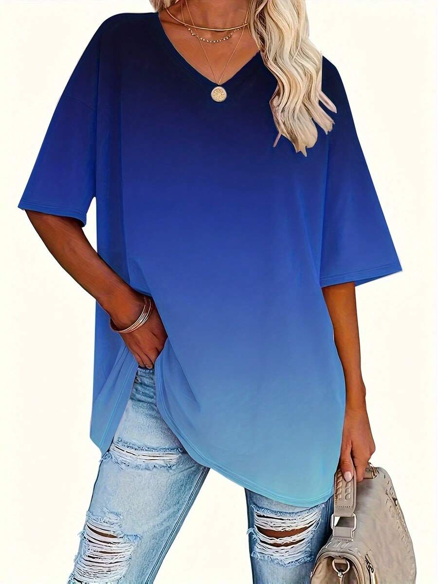 Plus Size Gradient Print V Neck T-Shirt, Casual Short Sleeve Top For Spring & Summer, Women'S Plus Size Clothing - 藍色 - 查看 1