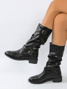 Giày bốt cổ điển xếp ly ôm dáng thu/đông 2025, giày bốt cao gót đế bằng bằng da lộn, giày bốt cao đến đầu gối kiểu phương Tây, giày bốt cao đến đầu gối màu đen dành cho nữ - màu đen - Xem 3