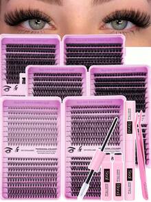 640/608 Stücke Wimpernverlängerungs-Set, DIY Wimpernverlängerungs-Set mit einzelnen Wimpern-Clustern, D-Krümmung, Wimpern-Cluster mit Wimpern-Kleber, Wimpern-Entferner und Versiegelung sowie Wimpern-Applikator-Pinsel für Anwendung zu Hause (10D-20D-30D-40D-50-60D-80D-100D-120D)