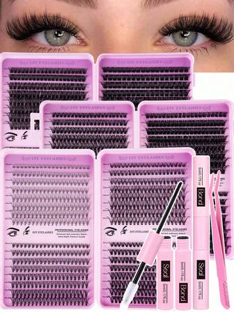 640/608Pcs Lash Extension Kit, DIY Eyelash Extension Kit Individual Lashes Cluster D Curling, Lash Clusters With Lash Bond, Lash Remove And Seal And Lash Applicator Brush Tool For Self Application At Home(10D-20D-30D-40D-50-60D-80D-100D-120D)