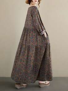 AZAH Festival de Primavera Chino, Tops 2026, Vestido Largo de Otoño, Vestido Suelto Plisado de Cuello Redondo y Manga Larga de Otoño, Vestido Casual Bohemio de Vacaciones Diarias, Vestido Retro de Talla Grande para Mujer, Un Vestido, Estampado Aleatorio - Café integral - Ver 5