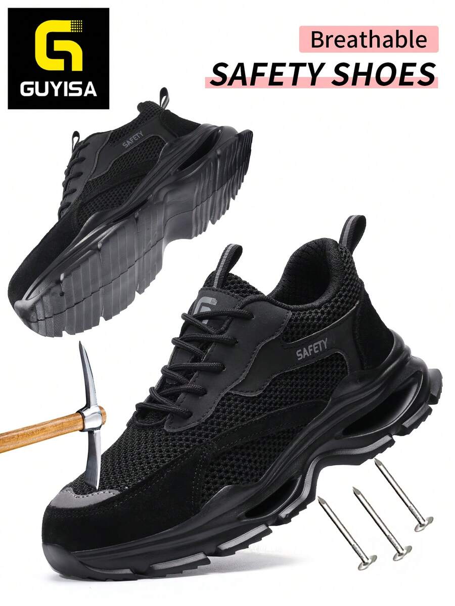 女士安全鞋，大网眼透气，钢头，防砸，防刺穿，柔软轻便的EVA鞋底，时尚功能性工作鞋 - 黑色 - 查看 1