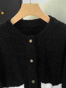 Contrast Color Casual Circular Mesh Cardigan For Women, Contrast Color Patchwork Front Button Pocket Ribbed