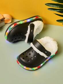 1 Pair Boys' Dinosaur EVA Thermal Lined Warm Anti-Slip Comfortable LED Light Up Casual Clogs, Suitable For Winter