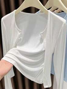 1pc Women's Asymmetrical Button Knit Cardigan, Long Sleeve Lightweight Shawl Collar Outwear, Black, White, Gray, Pink For Dress