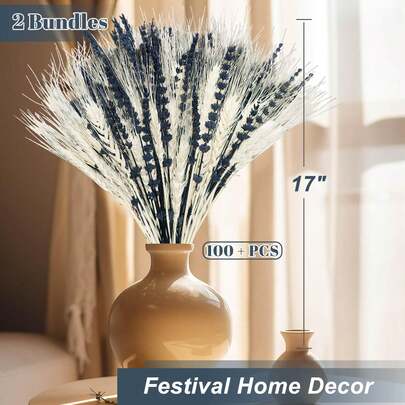 50-100 piezas Set de flores secas de lavanda y trigo - Ramo de 17 pulgadas de flores de lavanda frescas genuinas preservadas y plantas de trigo blanco, tejido a mano para boda de otoño, decoración de hogar con fragancia, estilo bohemio