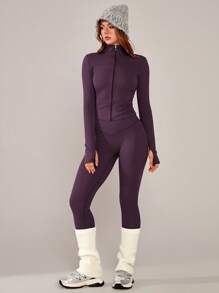 NcmRyu 1套女士修身纯色立领拉链健身跑步健身瑜伽户外运动套装