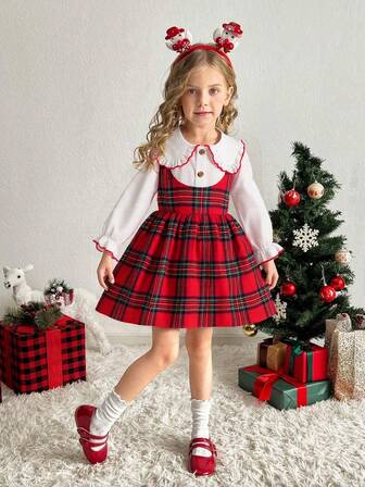 Young Girl Christmas Academy Style Red Plaid Collar Dress, Ruffle Collar + Contrast Trim, Vintage Academy Vibe, Great For Christmas Parties & School Events, Cute Sweet Girl Essential, Autumn/Winter