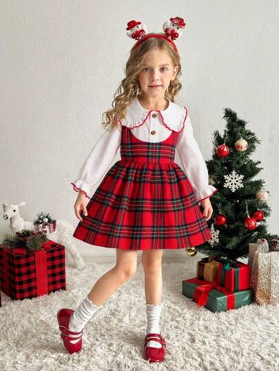 Young Girl Christmas Academy Style Red Plaid Collar Dress, Ruffle Collar + Contrast Trim, Vintage Academy Vibe, Great For Christmas Parties & School Events, Cute Sweet Girl Essential, Autumn/Winter