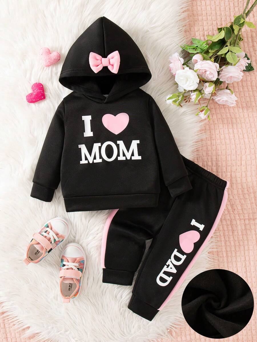 2件套女婴休闲时尚字母蝴蝶结印花长袖连帽卫衣和裤子套装，带保暖内衬，秋冬季 - 黑色 - 查看 1