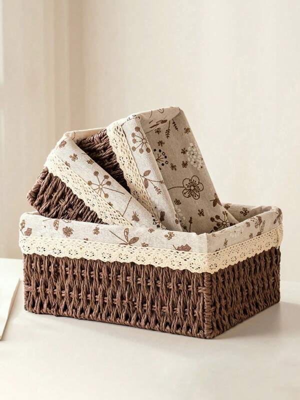 3pcs (S+M+L) 1pc Bohemian Woven Desktop Storage Basket, Suitable For Keys And Small Items, Coffee Table Storage Basket Set, Can Store Cosmetics, Keys, Snacks, Living Room, Entrance, Home, Woven Box, Decorative Storage Basket, Holiday Decor Gift Storage, Reusable Storage Rack Basket, Suitable For Stationery, Wardrobe, Toys, Cosmetics Storage, Desktop Organizer Basket, Ideal Gift Basket