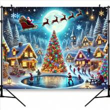2D Charming Christmas Village Photography Backdrop With Santa Claus, Trees And Holiday Decorations - Perfect For Studio Shooting, Christmas Events And Winter Celebrations