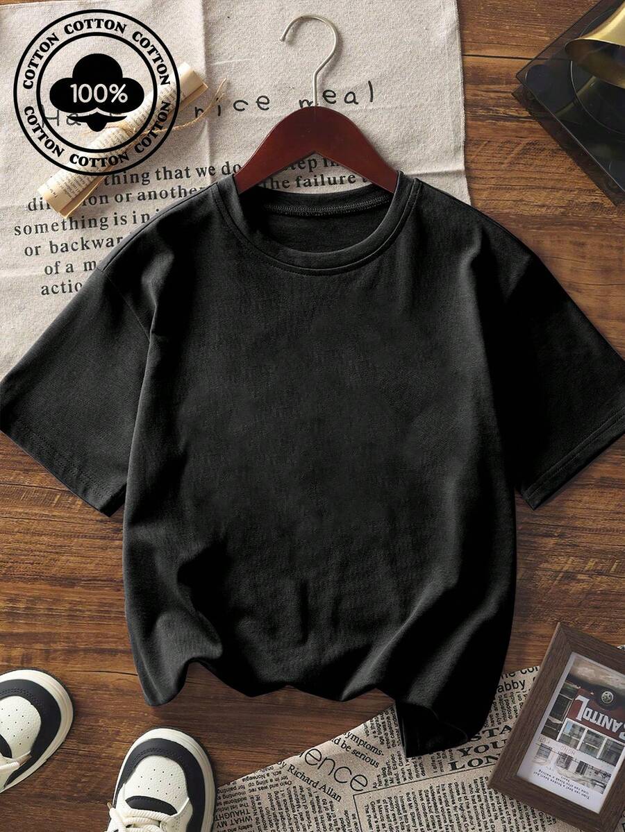 Boys' Cotton T-Shirt, Casual Printed Round Neck Short Sleeved T-Shirt, Student School Children's Clothing, Teenage Student Children's Clothing, Prepare Comfortable T-Shirts For Boys - 黑色 - 查看 1