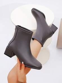 女士短靴，粗跟，高跟，白色细跟踝靴，法式风格 - 大地灰 - 查看 5