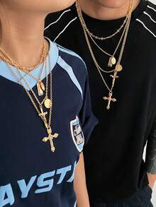 4pcs/8pcs Set Elegant Luxury Geometric Fine Chain Cross Pendant Necklace Set, Fashionable & Graceful For Couples, Suitable For Vacation, Party, Casual Daily Wear, Street Style, Holiday, Birthday, Versatile Necklace Gift - Necklace - View 1