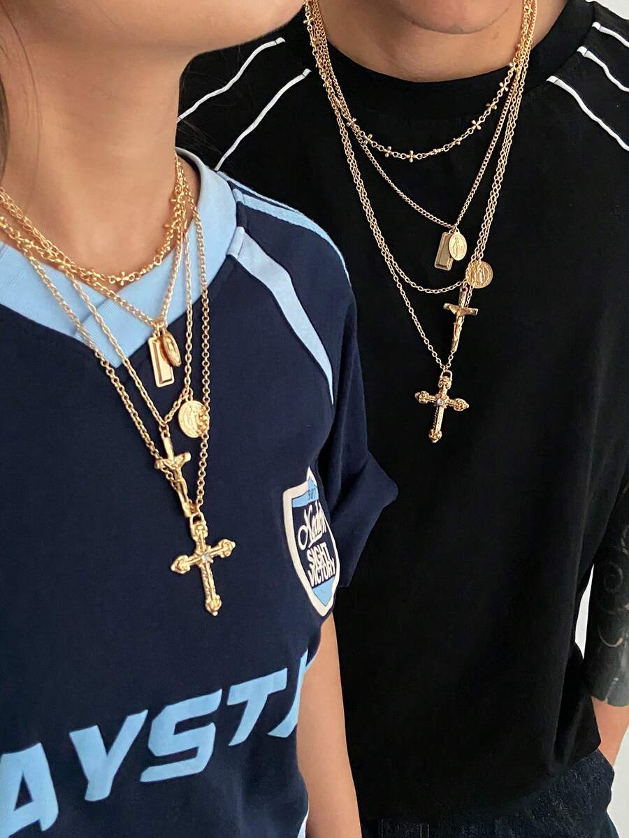 4pcs/8pcs Set Elegant Luxury Geometric Fine Chain Cross Pendant Necklace Set, Fashionable & Graceful For Couples, Suitable For Vacation, Party, Casual Daily Wear, Street Style, Holiday, Birthday, Versatile Necklace Gift - Necklace - View 1