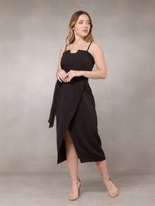 WUUW Tailored Midi Dress With Slit, Long Plain Casual Dress With Straps, Bow Detail, Simple, Zipper, Formal And Evening - màu đen - Xem 3