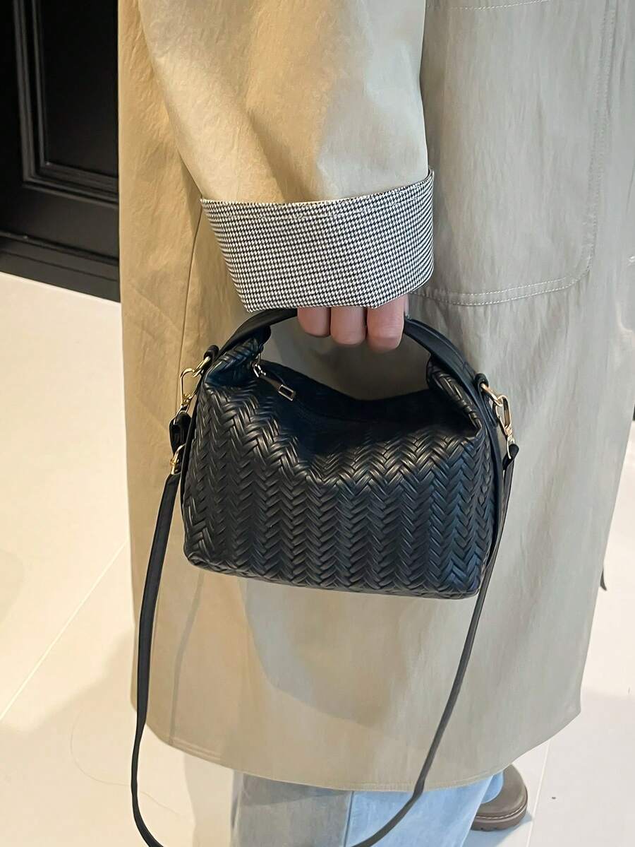 1 Túi xách hình hộp dập nổi họa tiết dệt giả mini, Túi đeo chéo bằng da PU có dây đeo vai có thể điều chỉnh, Túi xách thời trang dành cho nữ dùng hàng ngày, hẹn hò, mua sắm, đi làm - màu đen - Xem 1