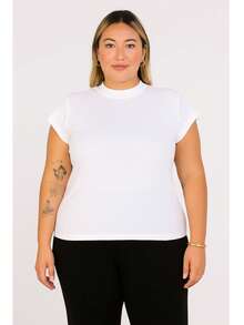 T-Shirt Muscletee Blouse Plus Size In Black Brown White Cotton Knitted Fabric Office Spring Summer - Putih - View 4