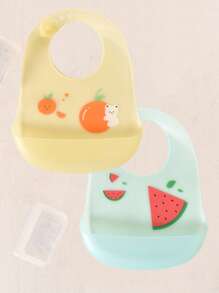 2件/盒婴儿围兜，草莓兔、宇航员熊、恐龙、西瓜图案可选，硅胶防水防污防漏，可调节喂奶围兜，男女童适用 - 彩色 - 查看 11