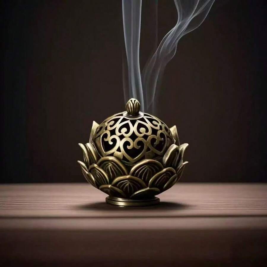 1 件创意空心莲花合金香炉，家用室内香炉 - 銅色 - 查看 1