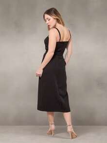 WUUW Tailored Midi Dress With Slit, Long Plain Casual Dress With Straps, Bow Detail, Simple, Zipper, Formal And Evening - màu đen - Xem 6