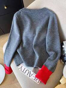 休闲简约拼色刺绣针织开衫 - 紅色 - 查看 2