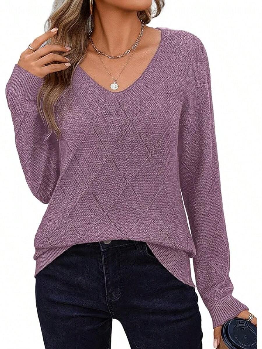 Womens Sweaters Fall 2025 Long Sleeve Knit Pullover V Neck Lightweight Crochet Sweater Tops Dressy Casual Halloween Christmas New Year - 紫色 - 查看 1