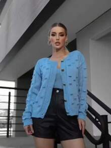 Winter Coat Knitted Cold Weather Blouse Cardigan Style Casual Party Knitwear Women's Clothing - 淺藍色 - 查看 1