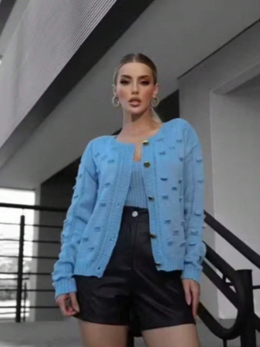 Winter Coat Knitted Cold Weather Blouse Cardigan Style Casual Party Knitwear Women's Clothing - 淺藍色 - 查看 1
