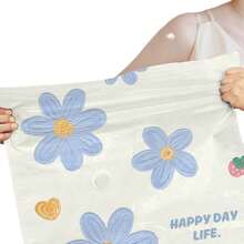 5个装真空收纳袋，节省空间，塑料自封气密压缩袋，适用于床上用品、枕头、毯子、衣物 - 节省80%空间，无需电动真空压缩 - 藍色花朵 - 查看 9