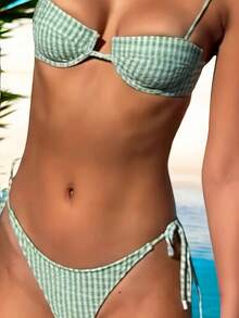 Women's Bikini Set Green Plaid Print Straps - Xanh nhạt - Xem 4